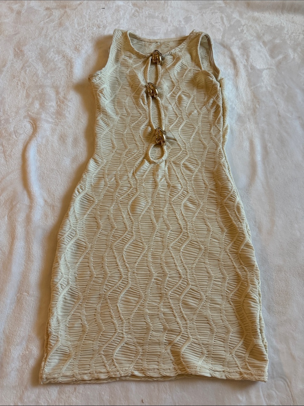 EGO Cream Sleeveless Knit Mini Dress with Gold Ring Accents